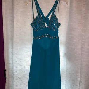 Floor length teal blue prom dress